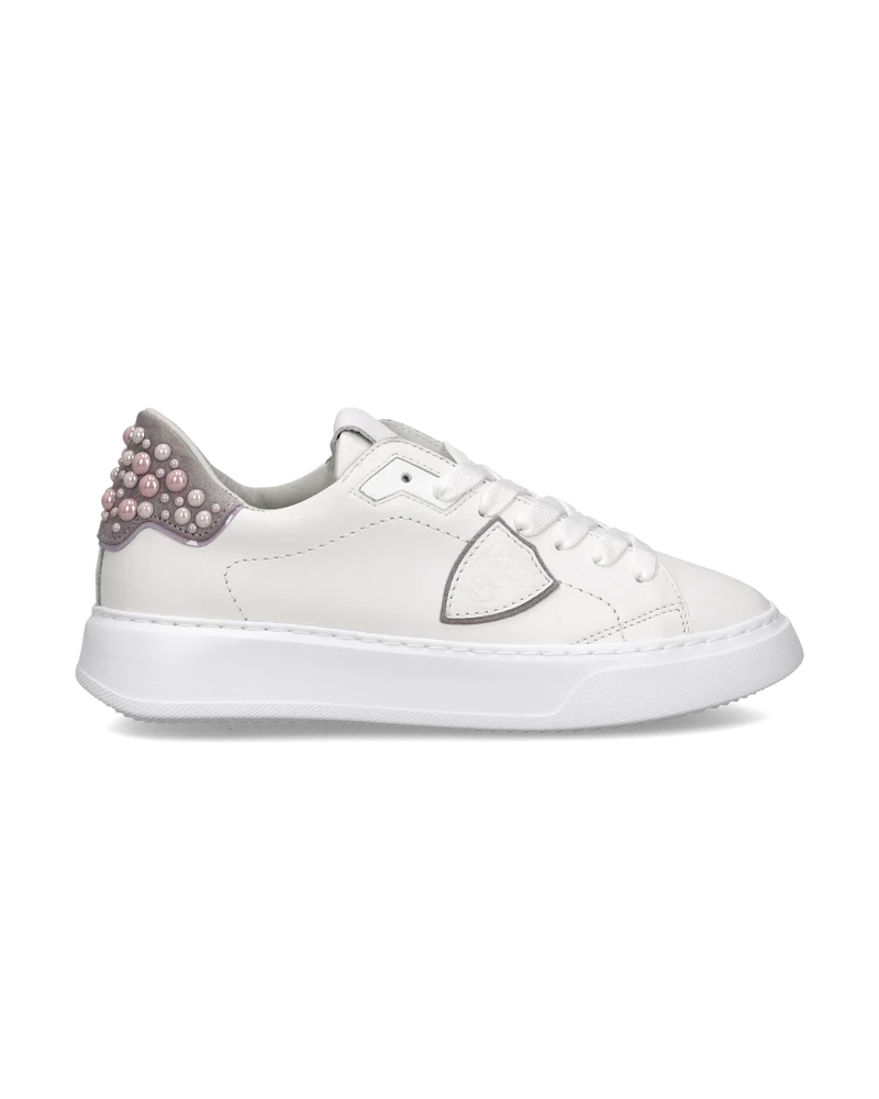 Sneakers Temple Tennis Women, White Pink with pearls