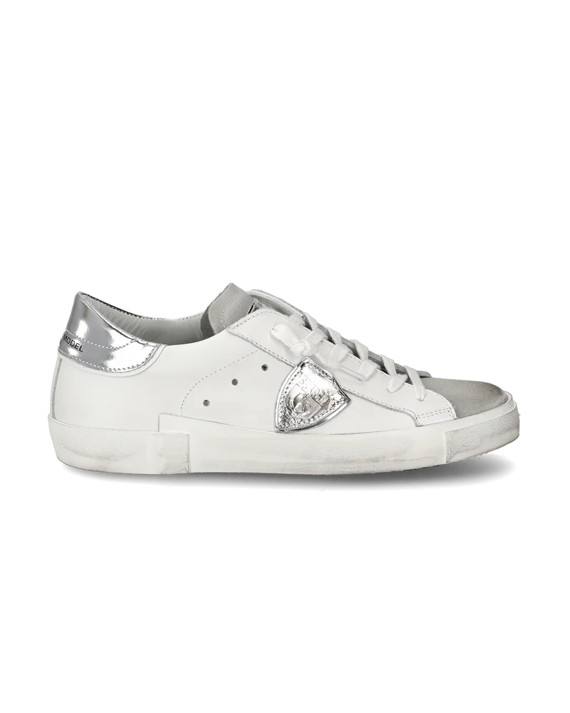 Women's Prsx Low-Top Sneakers in Leather with metallic touches, Silver White