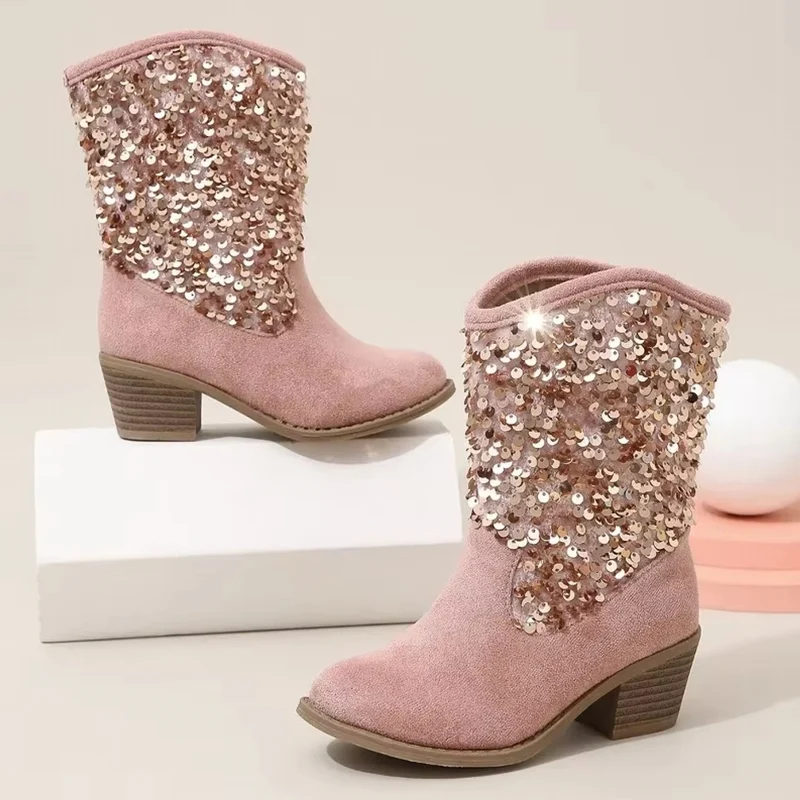 Moda Bambini Ragazze Chelsea Stivali Paillettes Tacco Spesso