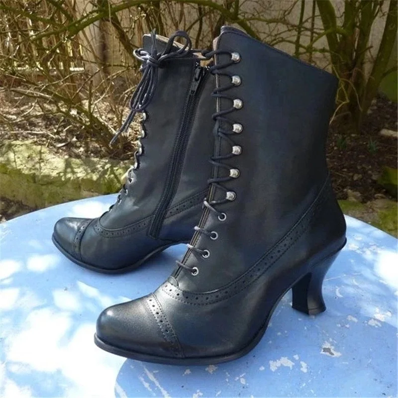 Stivali da donna in pelle PU, stivali vittoriani, scarpe con plateau