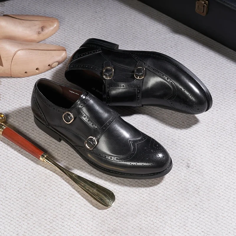 Scarpe brogue classiche da uomo in pelle con doppia fibbia Monk Strap