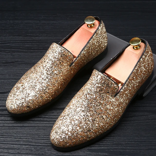 Scarpe eleganti mocassino da uomo in paillette oro