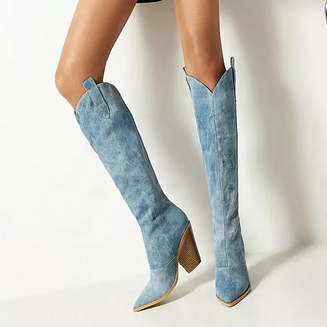 Stivali al ginocchio in denim Stivali da cowboy