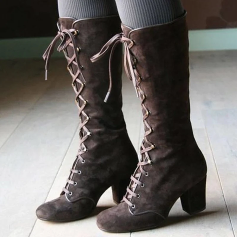 Stivali da donna al polpaccio Scarpe Donna con lacci incrociati Tacchi alti in pelle scamosciata da donna Tacchi spessi da donna Retro