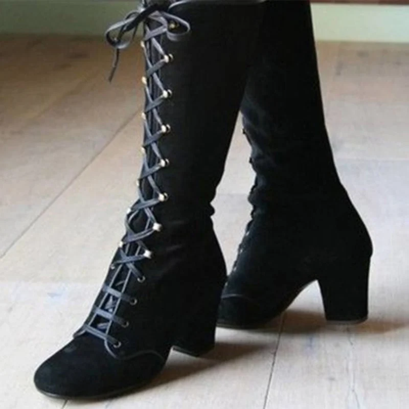 Stivali da donna al polpaccio Scarpe Donna con lacci incrociati Tacchi alti in pelle scamosciata da donna Tacchi spessi da donna Retro
