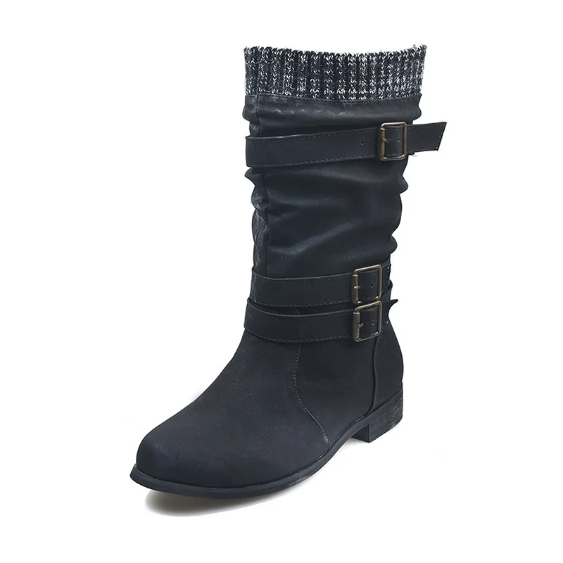 Stivali da donna a metà polpaccio Cinturino con fibbia invernale lavorata a maglia Tacchi grossi in PU Donna Slip on Retro Boots Ladies